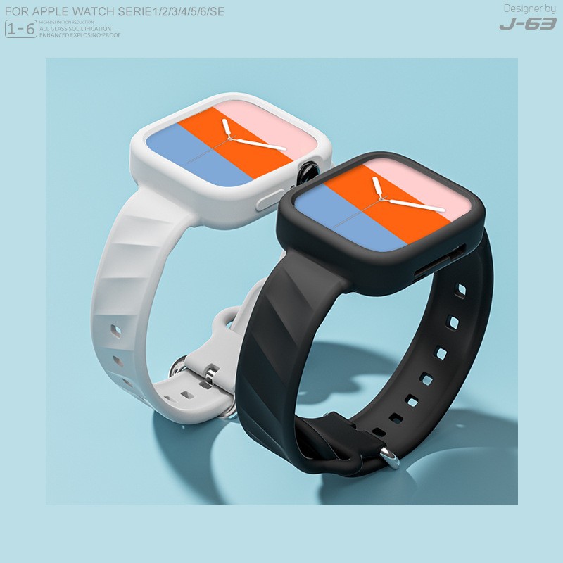 适用于苹果watch6硅胶手表带iwatch3/4/5运动一体防摔保护壳表带-图1