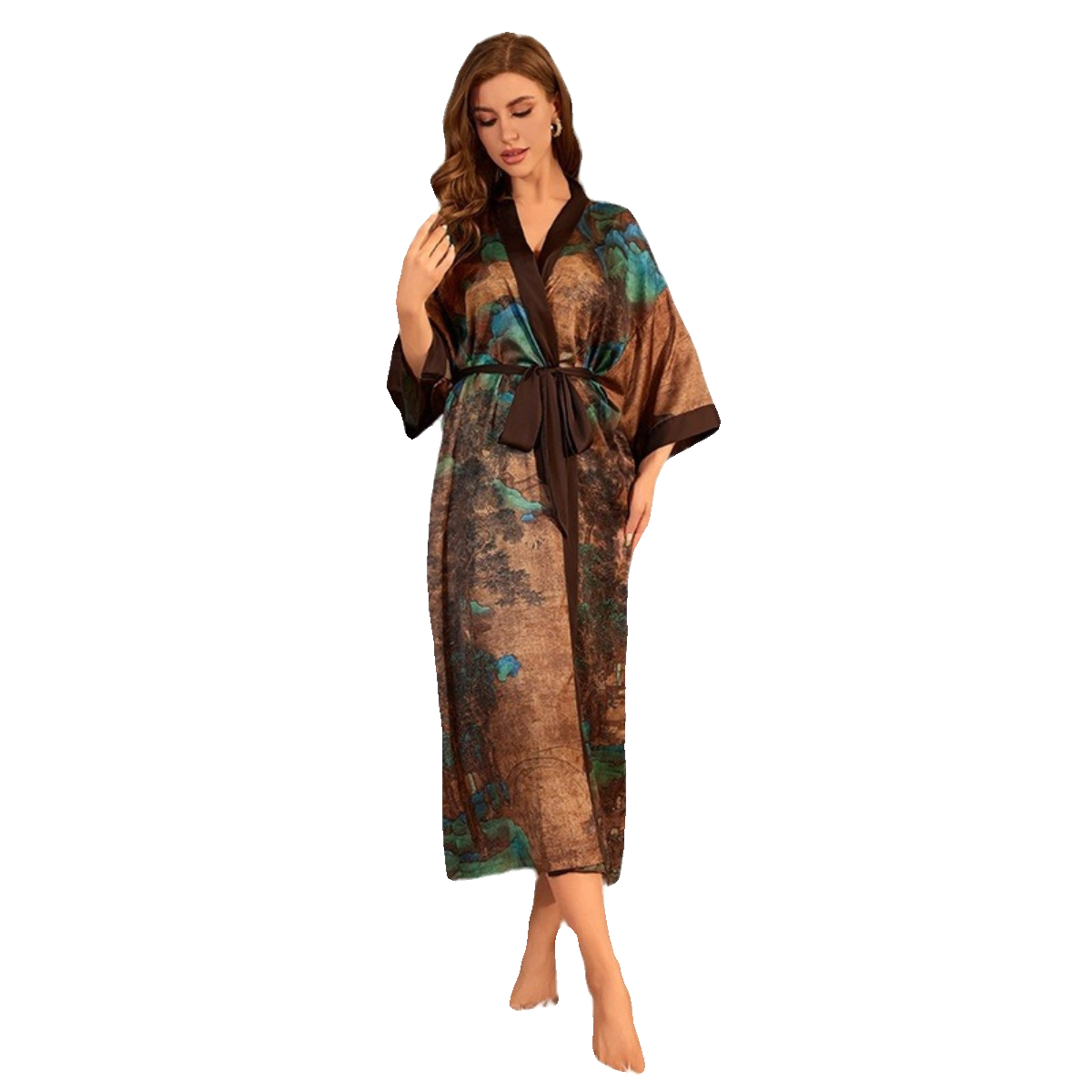 女低奢中国风超长睡袍仿真丝山水花鸟冰丝绸长款浴袍中长袖睡衣薄,淘宝优惠券,粉丝福利购,淘宝优惠卷