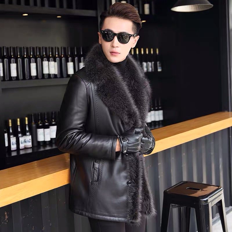 海宁真皮皮毛一体男中长款皮衣貉子毛领男装皮草外套厚羊羔毛内胆,淘宝优惠券,粉丝福利购,淘宝优惠卷
