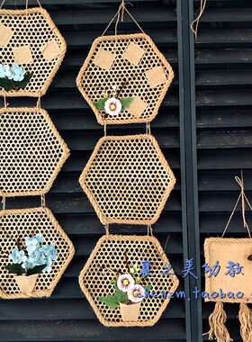 新品自制田园风墙壁走廊吊饰六角镂空竹片装饰材料麻绳布主题挂饰