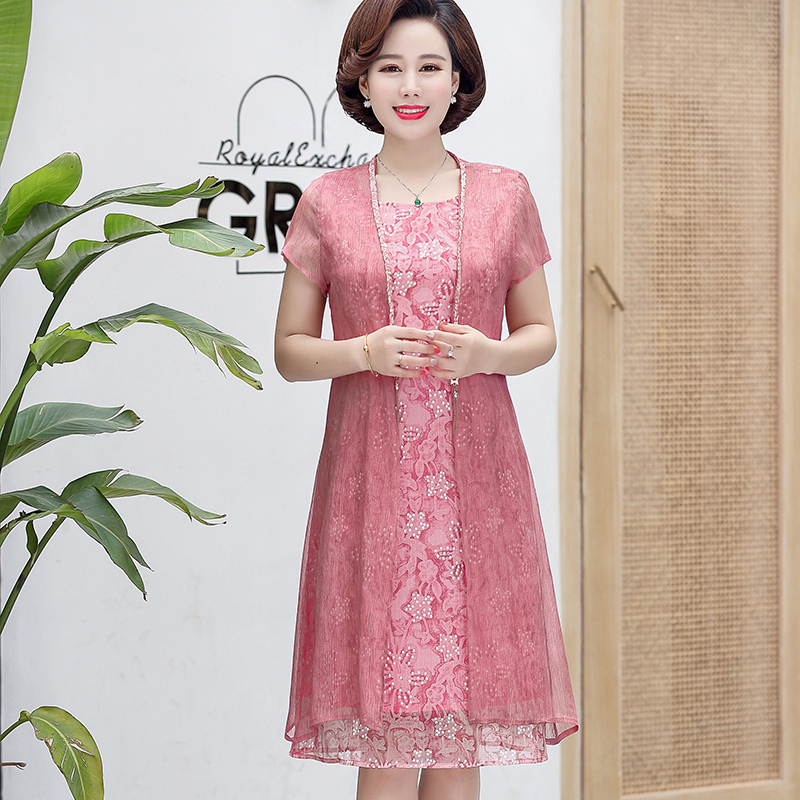 妈妈夏装短袖两件套连衣裙洋气中老年女夏季打底衫中长防晒衣外套 妈妈夏装短袖两件套连衣裙洋气中老年女夏季打底衫中长防晒衣外套