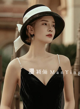 金丝绒毛呢缎面蝴蝶结礼帽