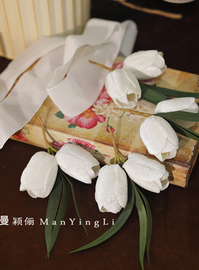 新款白色丝绒郁金香头花新娘头饰森系丝绒发带仙美造型结婚发饰品