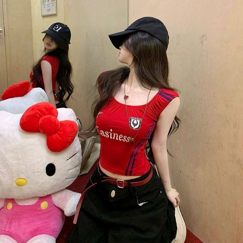 辣妹风撞色字母印花吊带背心T恤女2025夏季美式复古收腰短款上衣,淘宝优惠券,粉丝福利购,淘宝优惠卷