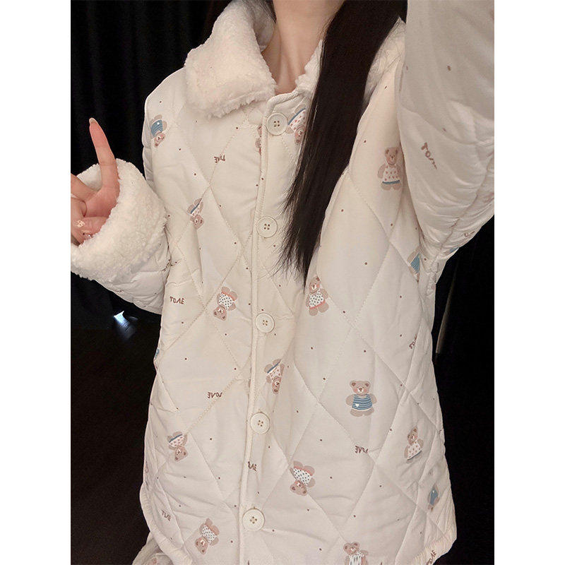 三层厚款夹棉睡衣女秋冬季长袖加绒保暖卡通小熊可外穿家居服套装,淘宝优惠券,粉丝福利购,淘宝优惠卷