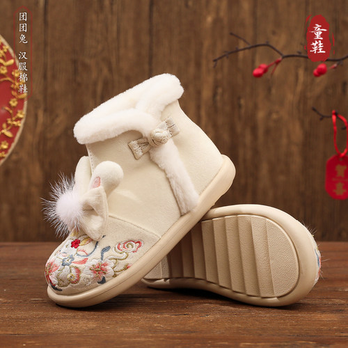 汉服鞋子女童冬季加绒新款雪地靴宝宝古风国风拜年鞋儿童绣花棉鞋 - 图1