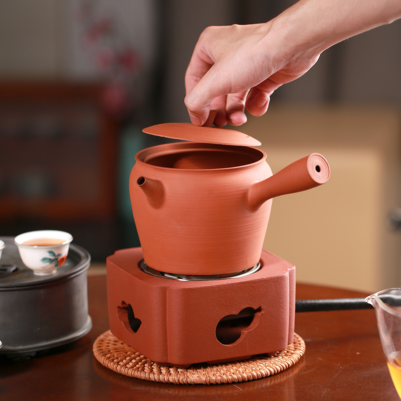 朱泥粗陶煮茶器陶壶纯手工日式家用养生侧把烧水壶炭炉砂铫电陶炉 - 图1