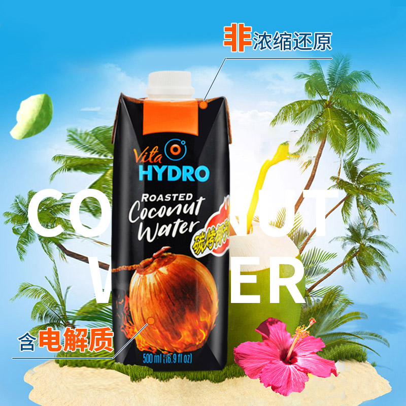 海卓HYDRO碳烤椰子水500ml*12瓶整箱越南进口浓浓碳烤味果汁饮料