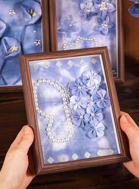 传统扎染手工相框画立体布艺花朵珍珠装饰中式桌面摆件母亲节礼物