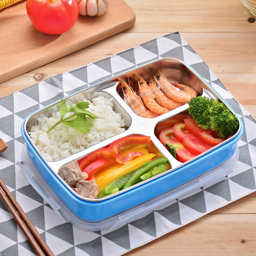 防烫带盖饭盒学生不锈钢儿童便当盒小学生餐盘分格四格餐盒分隔型 - 图0