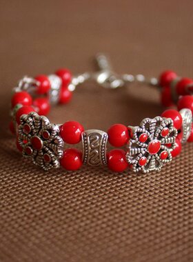 少数民族云南苗银松石双排手链