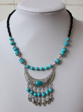 民族风手工藏银额饰树叶子锁骨链