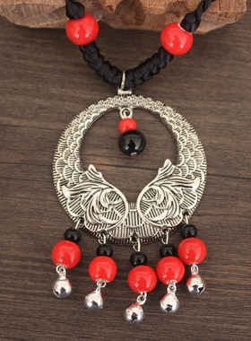 云南民族风红色长款铃铛毛衣链