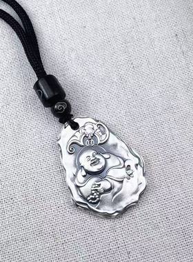 999 纯银复古石纹水滴平安吊坠弥勒佛款简约百搭新款项链挂饰