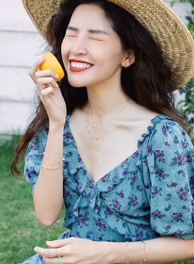 波西米亚彩色四叶草项链法式轻奢高级感配饰多巴胺锁骨链双层叠戴