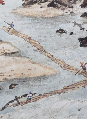 近现代关山月国画山水画中堂秋溪放筏图玄关装饰画艺术微喷复制品