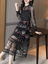 2024 Spring new retro collection waist display slim and heavy work lace mesh yarn embroidery long sleeve dinner annual meeting gown dress dress