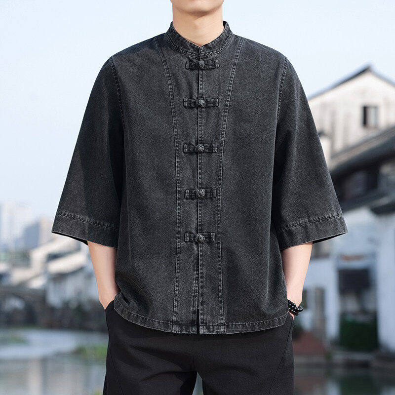 夏季复古中国风短袖衬衫男七分袖宽松盘扣新中式唐装上衣牛仔外套,淘宝优惠券,粉丝福利购,淘宝优惠卷