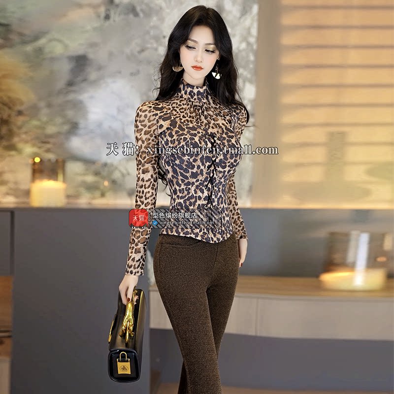 秋冬季欧美豹纹印花性感内搭上衣新款半高领抽绳修身内搭小衫