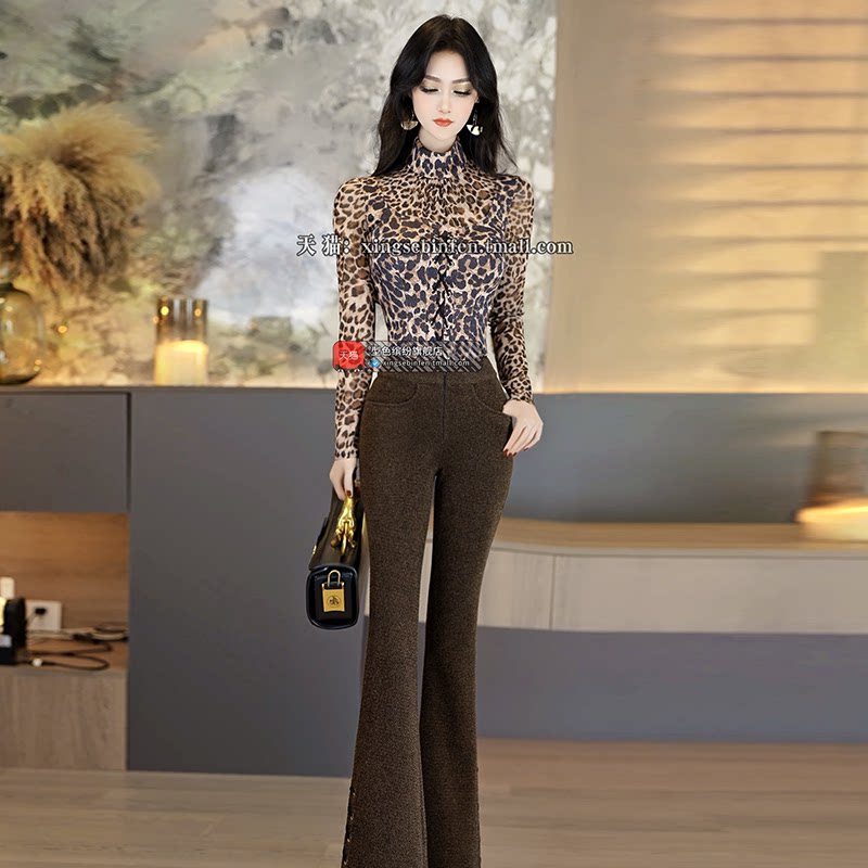 秋冬季欧美豹纹印花性感内搭上衣新款半高领抽绳修身内搭小衫