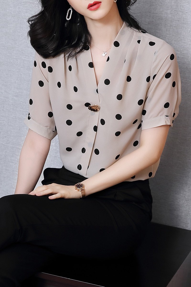 波点2020夏季新款v领洋气宽松衬衫 依源色蕾丝衫/雪纺衫