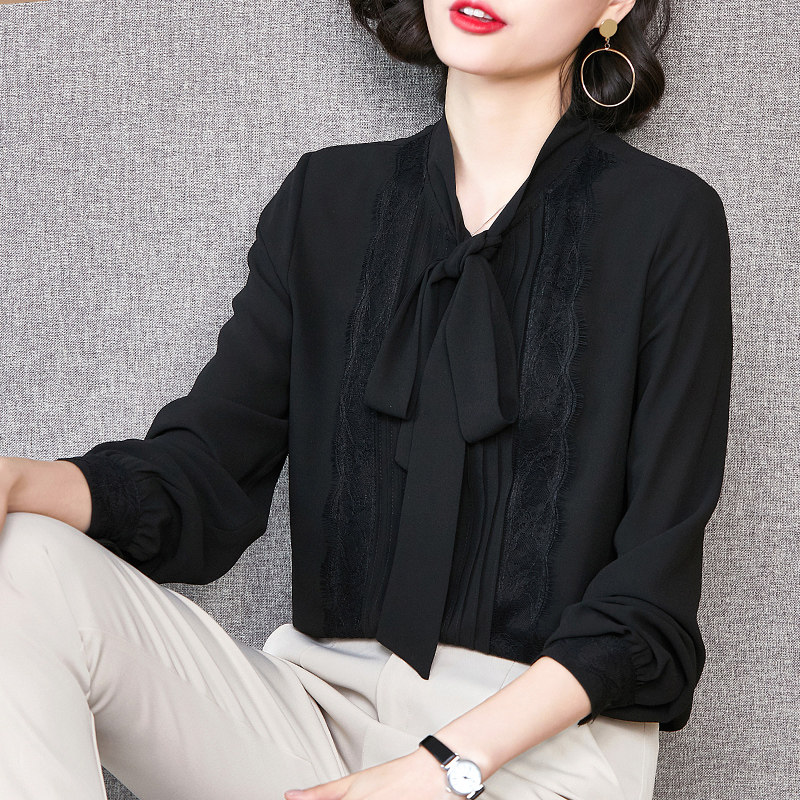 蝴蝶结2020秋季新款黑色洋气衬衫 依源色衬衫