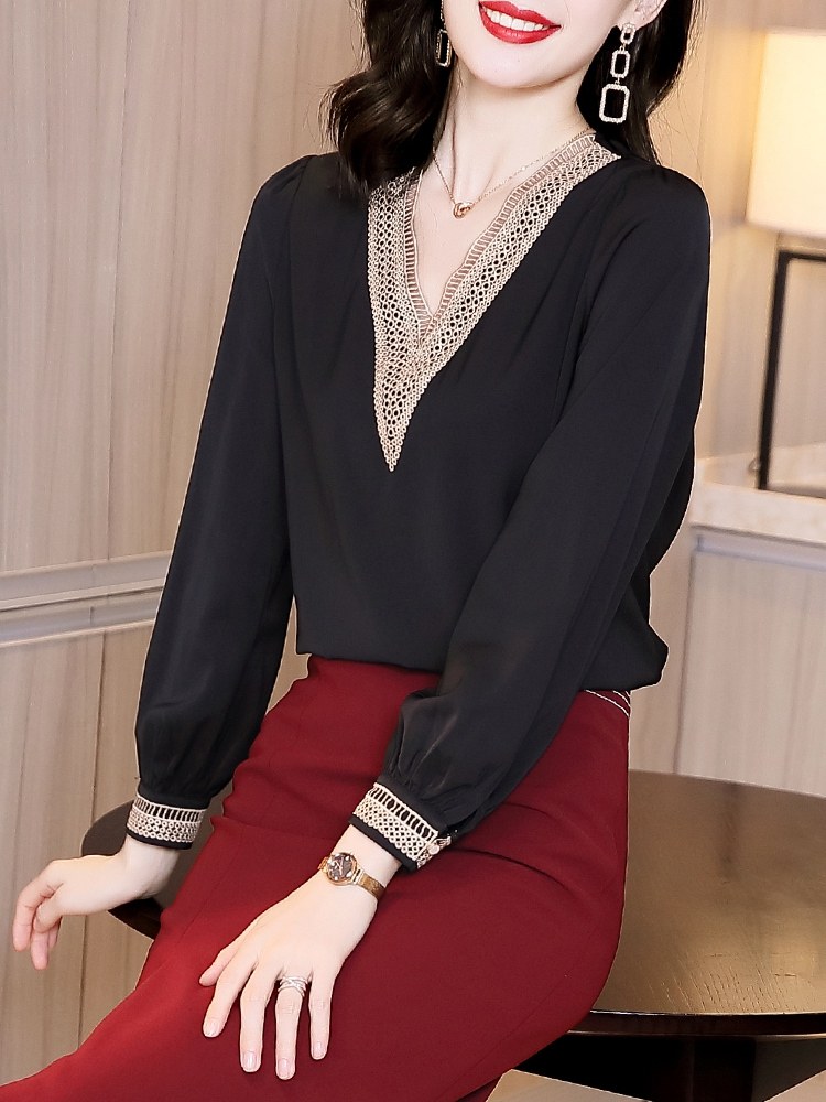 v领女早秋装2020新款洋气蕾丝小衫 依源色蕾丝衫/雪纺衫