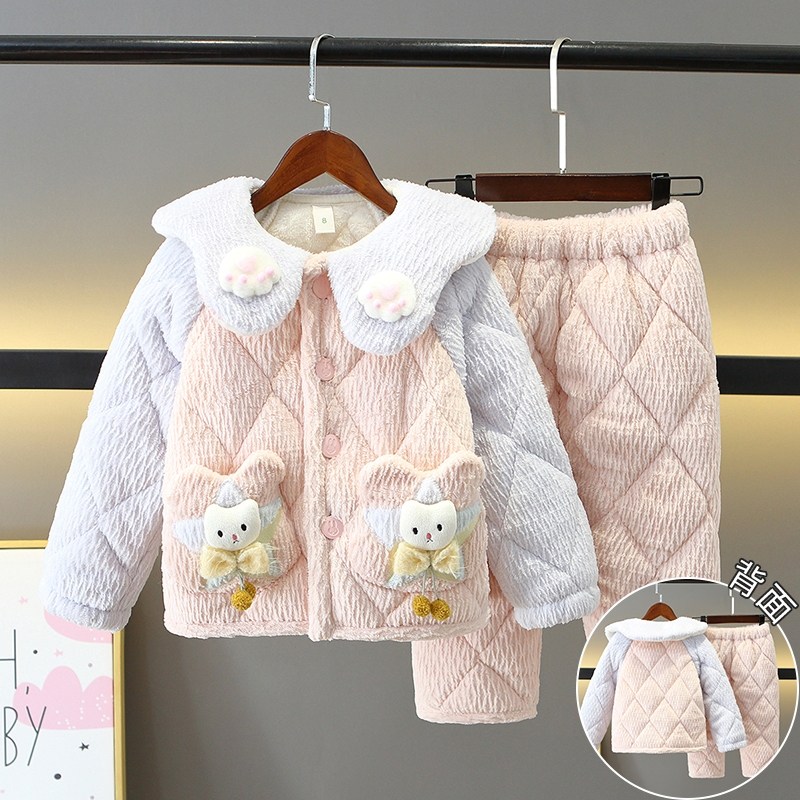 儿童棉睡衣冬加厚三层夹棉法兰绒套装可爱卡通珊瑚女童家居服冬季,淘宝优惠券,粉丝福利购,淘宝优惠卷