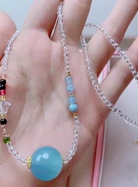 原创天然海蓝宝项链+白水晶链海蓝宝石大珠珠锁骨链转运珠项链
