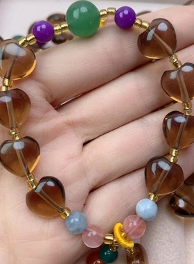 天然茶色水晶多宝手串爱心款原创手工招桃花招财转运手链