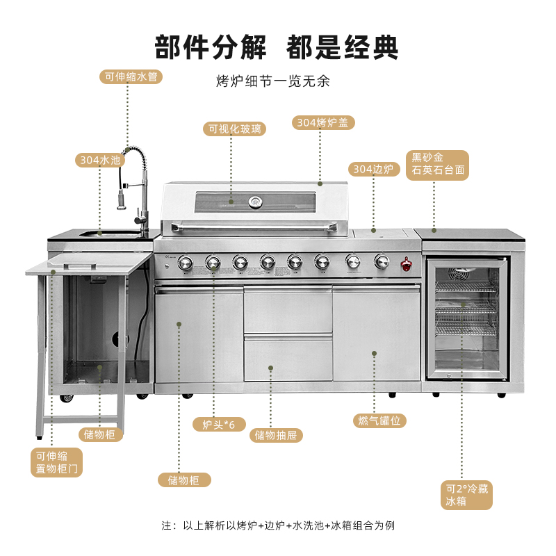 户外工匠整体式庭院烧烤台6+1烧烤炉架嵌入式户外厨房花园免安装