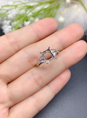 s925银饰品戒指空托长方形7*9mm代镶托帕石 石榴石 黄水晶 简单款