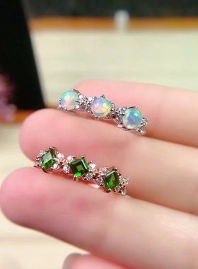 银饰品戒指方形透辉石欧泊简单