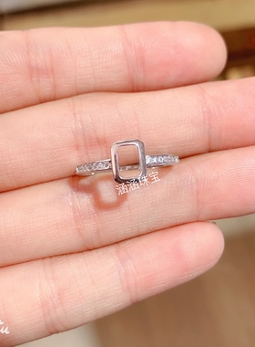 新款s925纯银戒指包厢空托 长方形4*6mm代镶水晶 玉石 简约大气
