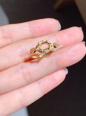 s925银戒指空托电镀黄金色 椭圆形5*7mm可镶欧泊 碧玺 简约大气 w