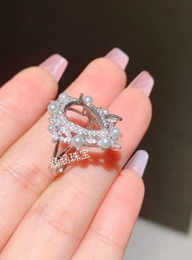 s925银戒指空托水滴形8*12mm珍珠款 可镶水晶玉石时尚百搭清新  w