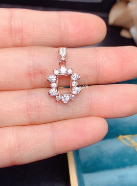 s925银饰品吊坠空托大锆石长方形5*7 6*8mm代镶托帕石 坦桑 时尚m