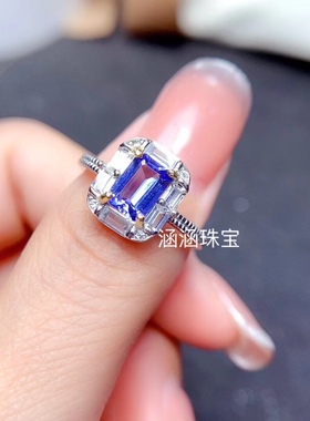 s925银饰品戒指空托 长方形4*6 5*7mm代镶坦桑石 透辉石 海蓝宝
