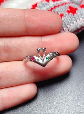 戒指空托S925纯银活口 水滴形4*6mm 代镶嵌红宝石 祖母绿 b