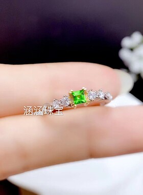 方形透辉石日韩风银戒指