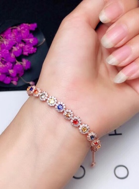 925纯银手链空托小花圆形碧玺