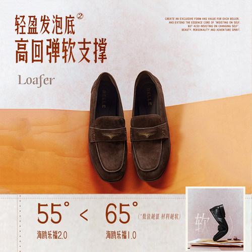 百丽羊皮海鸥复古乐福鞋女2026新款黑色小皮鞋深口单鞋子F2D1DA - 图1