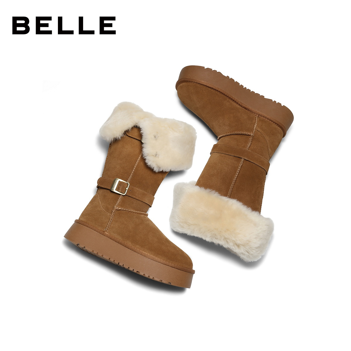 百丽厚底高筒翻毛雪地靴女新款毛毛东北棉鞋冬季长筒靴B3029DG5预 - 图1