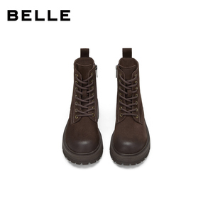 百丽复古厚底增高加绒保暖马丁靴女鞋冬款粗跟休闲短靴子E8V1DDD5