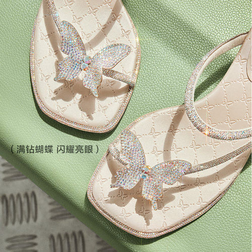 百丽女鞋子小福蝶蝴蝶结新款水钻高跟鞋外穿凉拖鞋凉鞋A9K1DBL4 - 图1