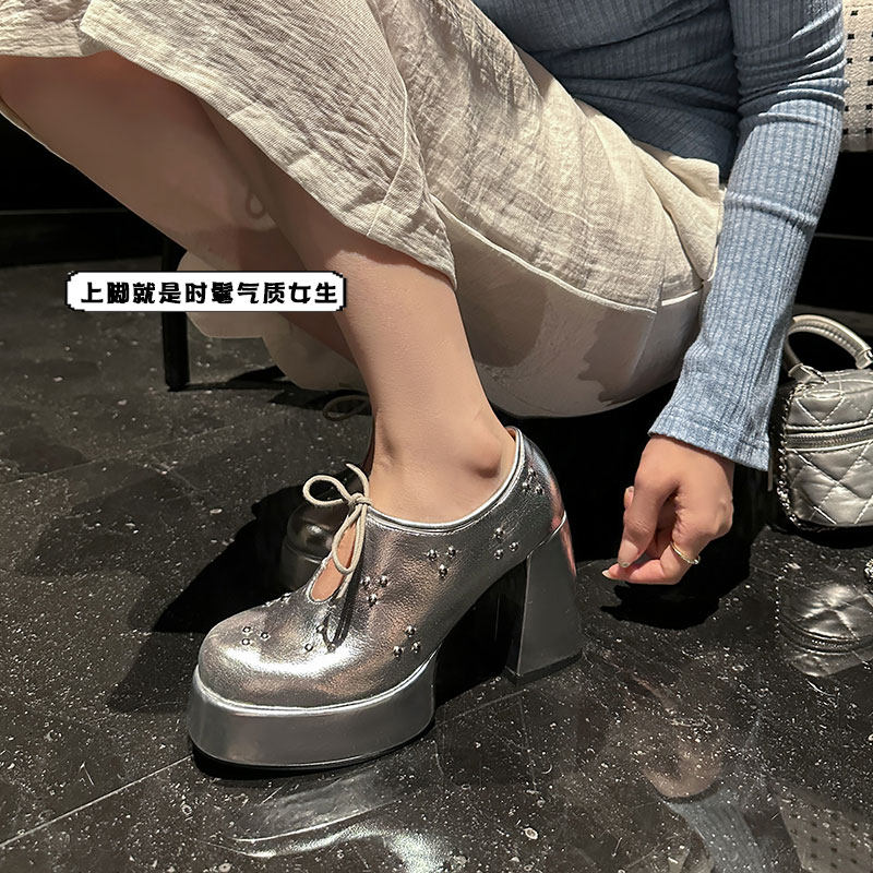 厚底深口粗跟单鞋女2025秋季新款真皮系带防水台小个子超高跟鞋潮,淘宝优惠券,粉丝福利购,淘宝优惠卷