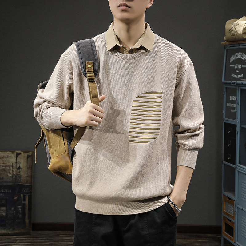 秋冬新款慵懒风翻领毛衣男假两件衬衫领针织衫美式休闲宽松打底衫 - 图1