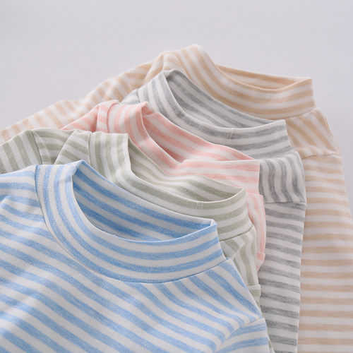 儿童纯棉半高领打底衫女童中领长袖T恤春秋男童宝宝条纹保暖上衣 - 图0