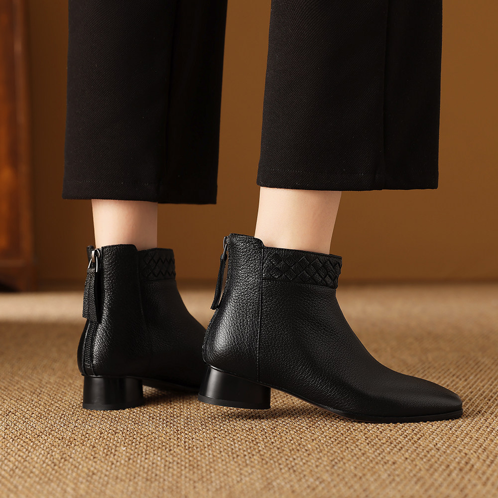2025秋冬真皮女短靴低跟小方头踝靴保暖短筒靴中年妈妈单靴H158-7,淘宝优惠券,粉丝福利购,淘宝优惠卷