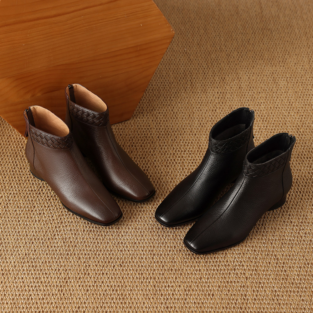 2025秋冬真皮女短靴低跟小方头踝靴保暖短筒靴中年妈妈单靴H158-7,淘宝优惠券,粉丝福利购,淘宝优惠卷